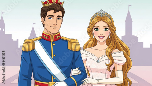 A handsome prince wearing a blue uniform with a golden crown stands proudly beside his beautiful princess, both smiling sweetly.