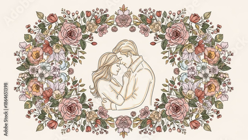 A tender illustration of a couple embracing with closed eyes, encircled by an elegant and detailed vintage floral wreath.