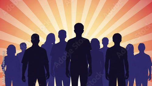 Silhouetted People Standing Together against Orange Sunset Background
