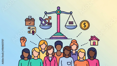 Diverse Group of People Standing Together Near Balanced Scale of Justice with Various Symbols