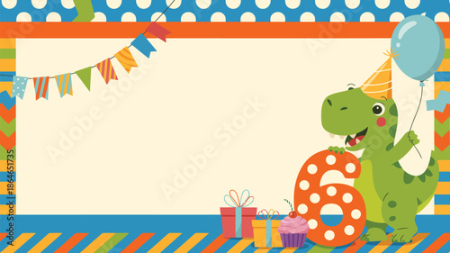 Cute green dinosaur wearing a party hat holds the number six surrounded by birthday decorations