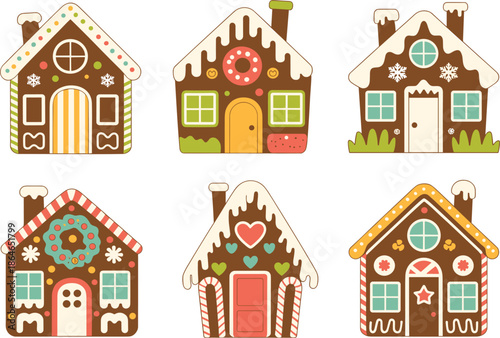 Colorful Gingerbread House Illustration Set, Featuring Festive Winter Holiday and Christmas Cookie Graphic Designs