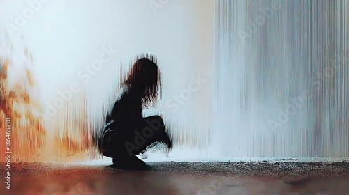 Woman silhouette crouching with abstract digital glitched background. Concept of mental health issue, depression, digital stress, or loneliness.