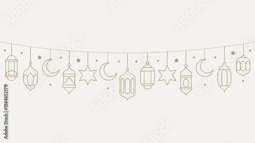 Golden line art garland displaying various Islamic lanterns, stars, and crescent moons on a simple light background