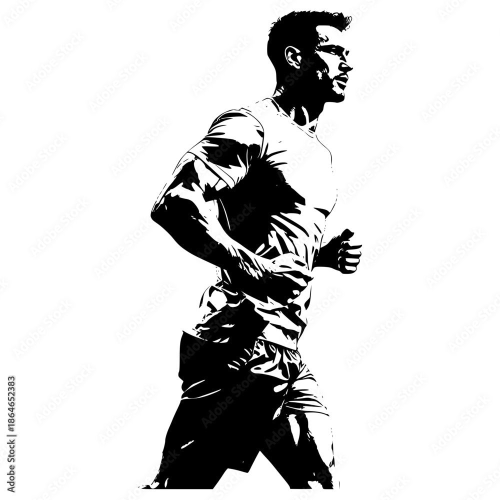 Fototapeta premium Dynamic Runner in Action: A determined athlete is captured mid-stride, showcasing raw power and the relentless pursuit of fitness goals. Expressing the essence of movement and the human spirit