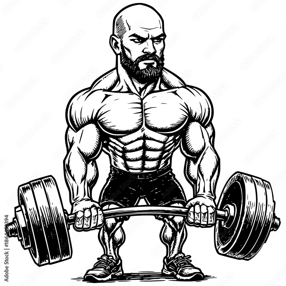 Fototapeta premium Weightlifting Powerhouse: A determined weightlifter, embodies strength, gripping a heavy barbell with intense focus, highlighting the dedication and physical prowess required in weightlifting
