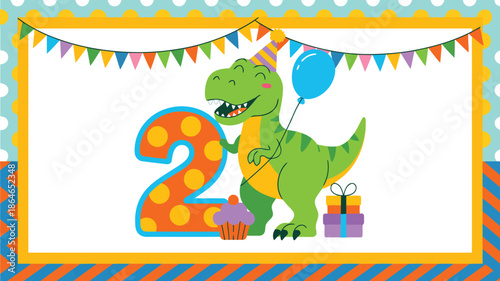 Happy green cartoon dinosaur celebrating a second birthday with a balloon presents and a cupcake