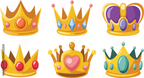 Colorful Golden Crown Set, Featuring Royal Gemstone and Heart Detail Illustrations for Luxury Designs