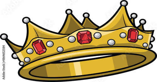 Golden Royal Crown Illustration Featuring Red Ruby Gemstones and Elegant Pearl Accents for Luxury Designs