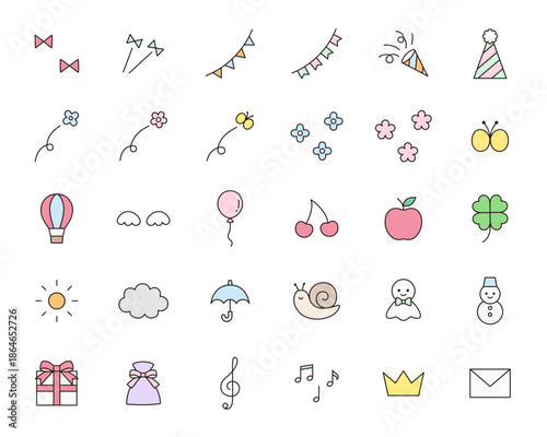 かわいいアイコンセットのベクターイラスト。飾り、リボン、天気、花、プレゼント
