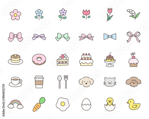 かわいいアイコンセットのベクターイラスト。飾り、花、お菓子、リボン、犬、ひよこ