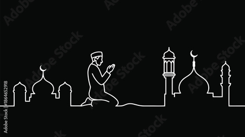 Simple white line illustration of a devoted Muslim man kneeling in prayer with various mosque silhouettes