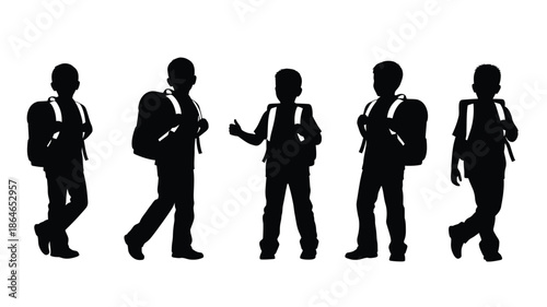 Students with backpacks in various poses a striking black silhouette