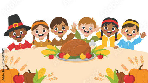 Six happy diverse children celebrating Thanksgiving gathered around a table with a roasted turkey