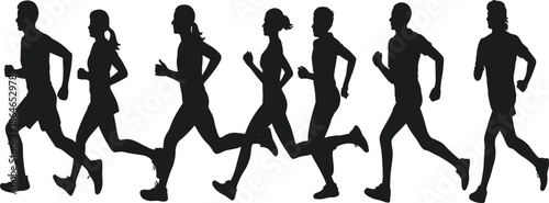 Professional Black Jogger and Runner Silhouette Set Featuring Men and Women in Active Motion