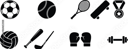A large collection of various sports equipment icons including balls, bats, gloves, and a medal