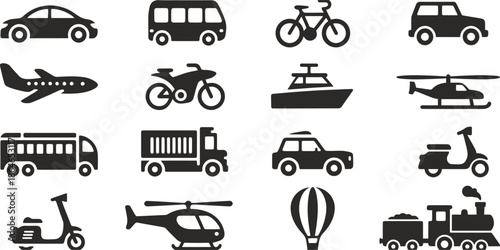 A collection of transportation icons for different modes of travel including land, sea, and air vehicles