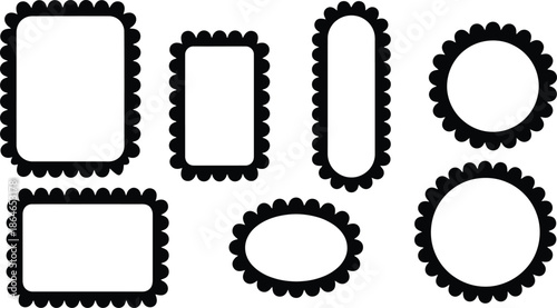 Decorative black scalloped frames in various shapes including circle, rectangle and oval