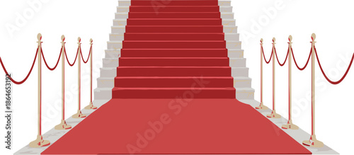 Elegant Red Carpet on Grand Stairs Illustration Featuring Gold Stanchions and Luxury Velvet Ropes