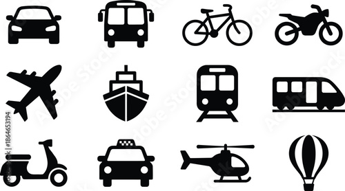 A collection of 12 minimalist black icons representing different modes of transport on a white background