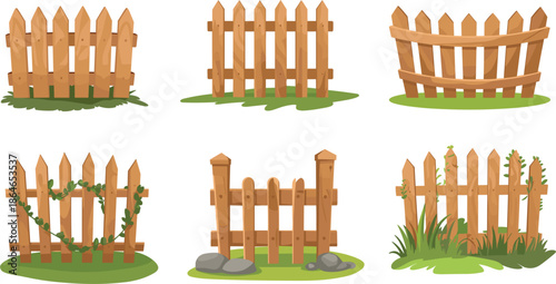Set of wooden picket fence vectors with green grass, garden borders, rural farm barriers, and vines