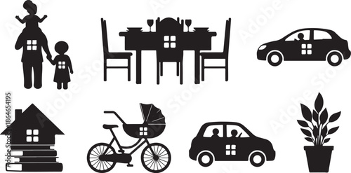Family Home Life Icons Silhouettes Black