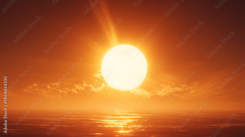 Fototapeta premium 海の向こうに見える大きな太陽の夕日のアップ写真