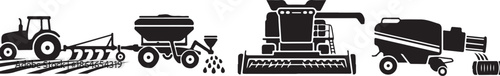 Agricultural machinery icons including tractors and harvesters in black silhouette