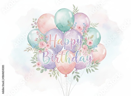 pastel happy birthday greeting card with watercolor balloons and flowers wreath, cute festive frame design, kids party invitation illustration on white background