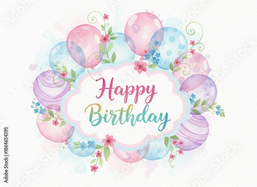 pastel happy birthday greeting card with watercolor balloons and flowers wreath, cute festive frame design, kids party invitation illustration on white background