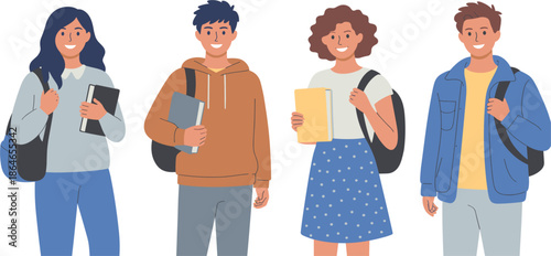 Diverse group of happy students holding books and wearing backpacks, prepared for university and college education