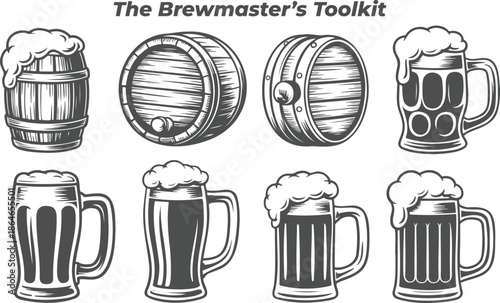 Authentic Brewmaster Toolkit Featuring Hand-Drawn Wood Barrels and Frothy Beer Mug Icons for Retro Brewery Branding, Pub Decor, and Craft Cider House Signage
