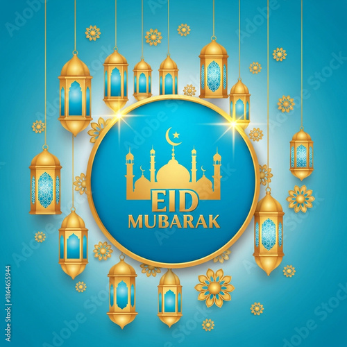 Eid mubarak celebration with golden lanterns and mosque icons