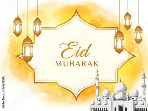 Eid mubarak greeting card with mosque and lanterns design element