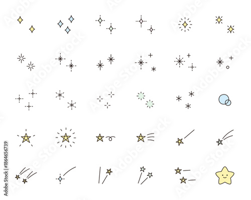 かわいいアイコンセットのベクターイラスト。星、キラキラ、輝き、流れ星、飾り