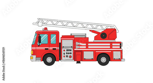 Bright red emergency service vehicle with an extendable ladder system and compartments against a plain white background a symbol of rapid urban