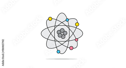 Vibrant atomic structure illustration showcasing a fundamental concept of matter with orbiting electrons and a dense nucleus representing scientific