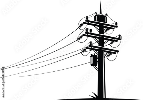 Silhouette utility pole, power lines and transformer, minimalist electrical energy distribution scene