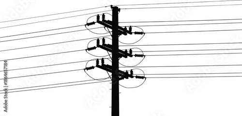 Silhouette utility pole, multiple power lines across sky, minimalist electrical infrastructure scene