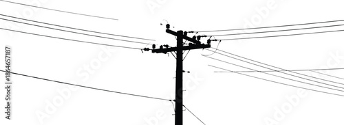 Silhouette utility pole, power lines crossing sky, minimalist infrastructure energy network scene