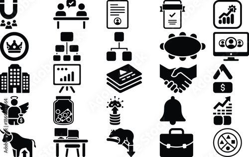 A comprehensive set of business and finance icons, depicting strategic planning, organizational development, market growth, and the pursuit of successful corporate endeavors