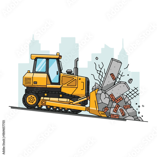 Yellow construction bulldozer machine demolishing.