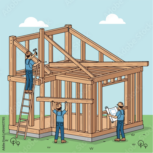 Three construction workers building house frame.