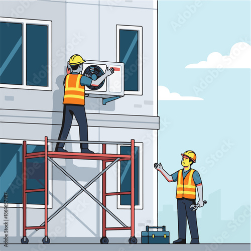 Two workers installing air conditioning unit.