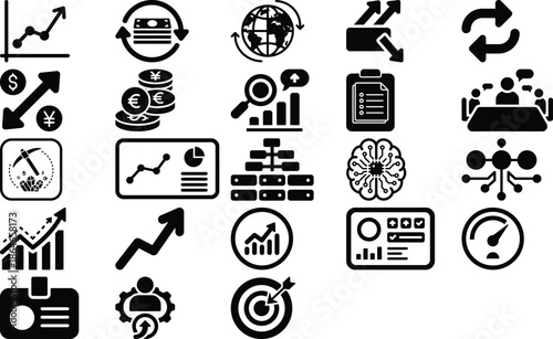 Comprehensive collection of modern business and finance icons depicting growth, data analysis, strategic planning, global economy, and technological advancement for diverse digital projects