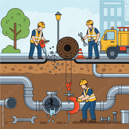 Workers repairing underground water pipes.