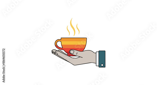 A vibrant graphic illustration depicting a gentle hand holding a steaming, striped cup filled with a hot beverage, conveying warmth, comfort, and a