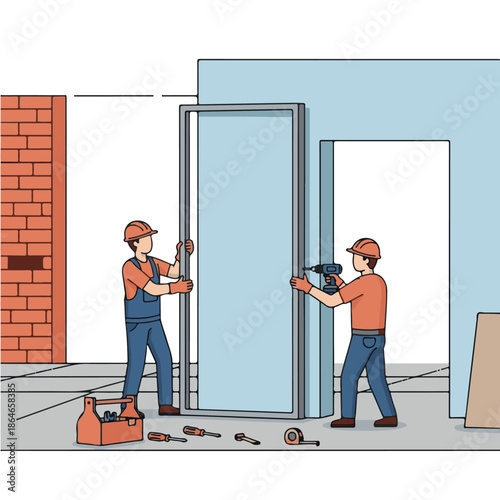 Two workers installing a door frame.