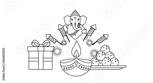 Traditional Hindu Festival Celebration Elements Coloring Page Festive illustration featuring religious and cultural symbols for spiritual observance