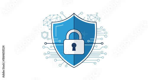 Digital Fortress and Cyber Security Concept Illustration with Padlock and Network Elements